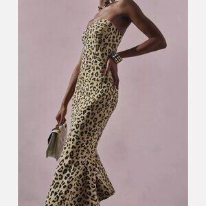 Cinq a Sept 'Luna' Leopard-Print Strapless Mermaid Dress, Black/Tan, Size 0 EUC